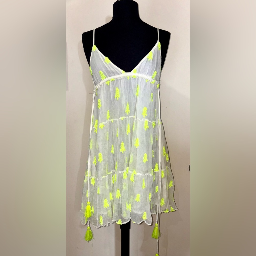 Tessora Sz XS Sheer White Dress Neon Yellow Embroidery baby doll mini sun dress